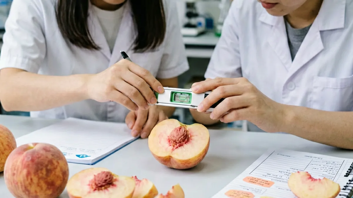 WWW.水蜜桃编辑团队正在对不同产地桃子样品进行糖度仪测量，桌上摆放着折光仪和记录表格